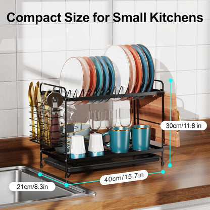iSPECLE 2 Tier Dish Drainer Rack - Small Dish Drying Rack with Drip Tray, Space-Saving Draining Board Rack with Utensil Cutting & Board Holder for Kitchen Worktop, Black