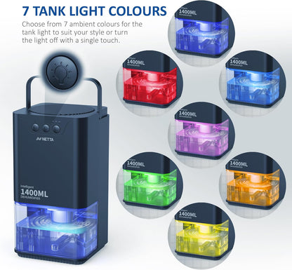 NETTA Dehumidifiers for Home Damp 1400ml Dehumidifier with Ultra Quiet & Auto Shut off 3 Colorful LED, 24Hr Timer Portable Mini Dehumidifier for Wardrobe Bathroom Closet - Black