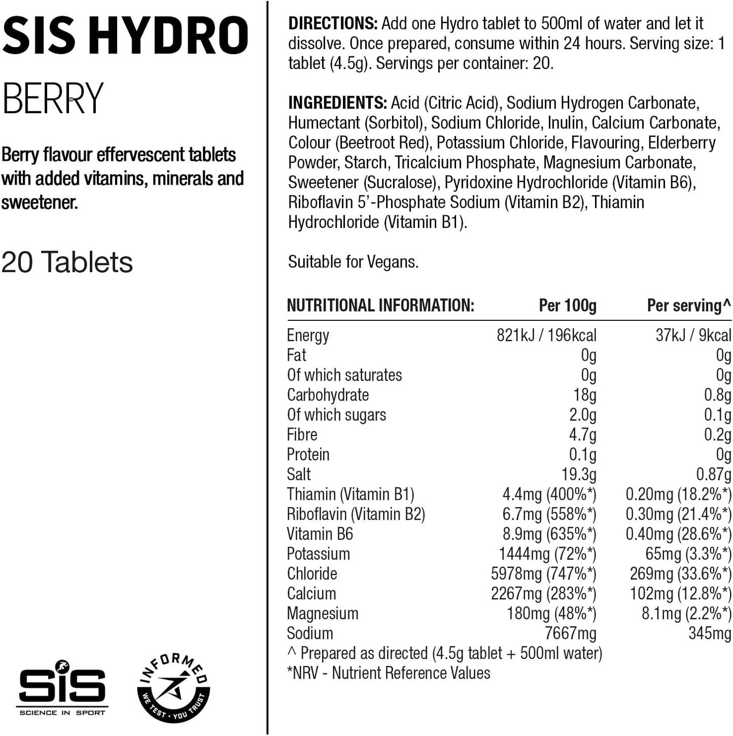Science In Sport Hydro Hydration Tablets, Gluten-Free, Zero Sugar, Berry Flavour Plus Electrolytes, 20 Effervescent Tablets