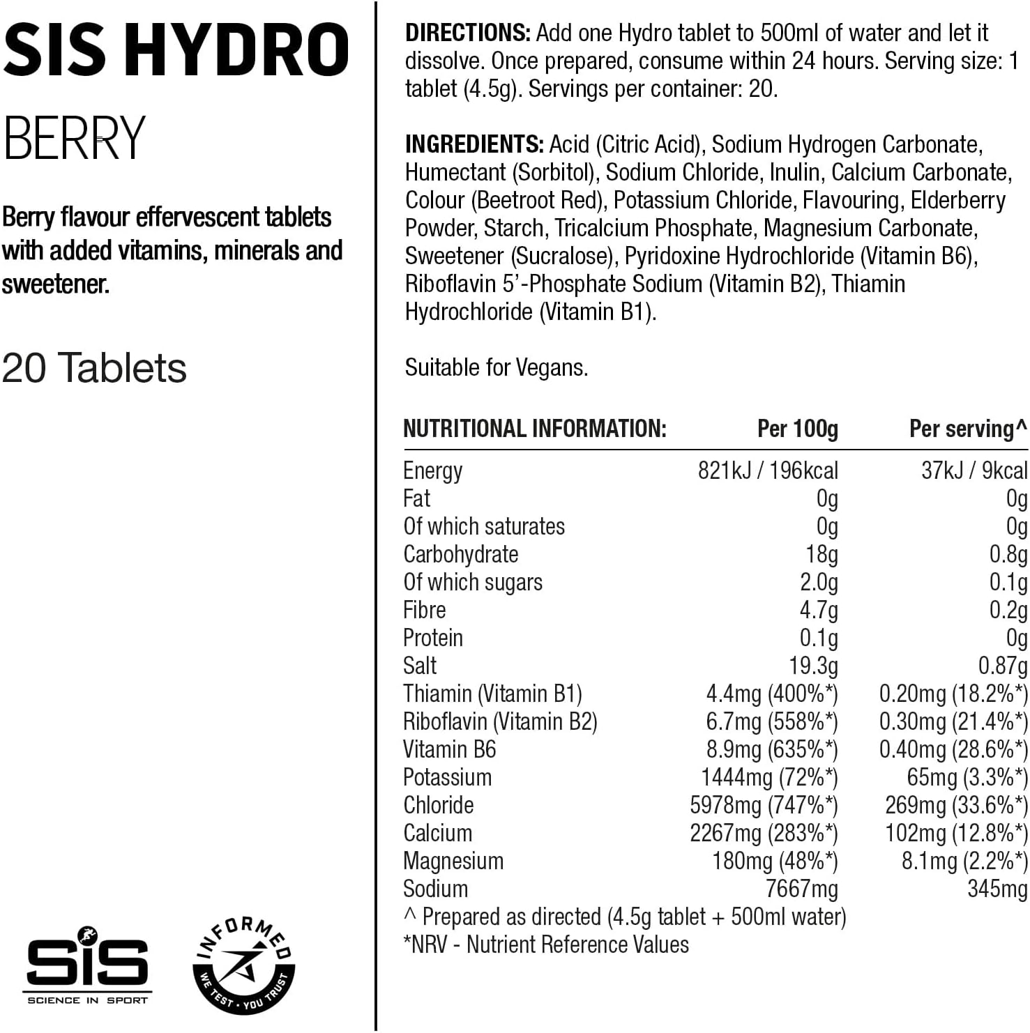 Science In Sport Hydro Hydration Tablets, Gluten-Free, Zero Sugar, Berry Flavour Plus Electrolytes, 20 Effervescent Tablets