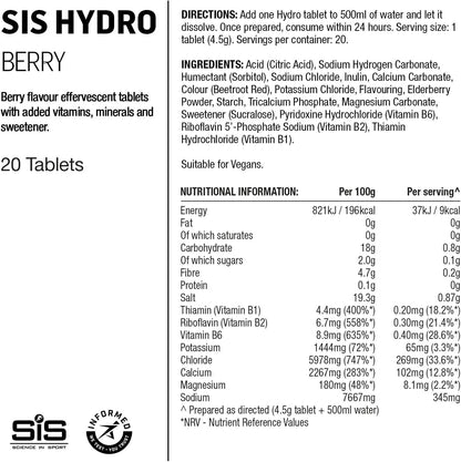 Science In Sport Hydro Hydration Tablets, Gluten-Free, Zero Sugar, Berry Flavour Plus Electrolytes, 20 Effervescent Tablets
