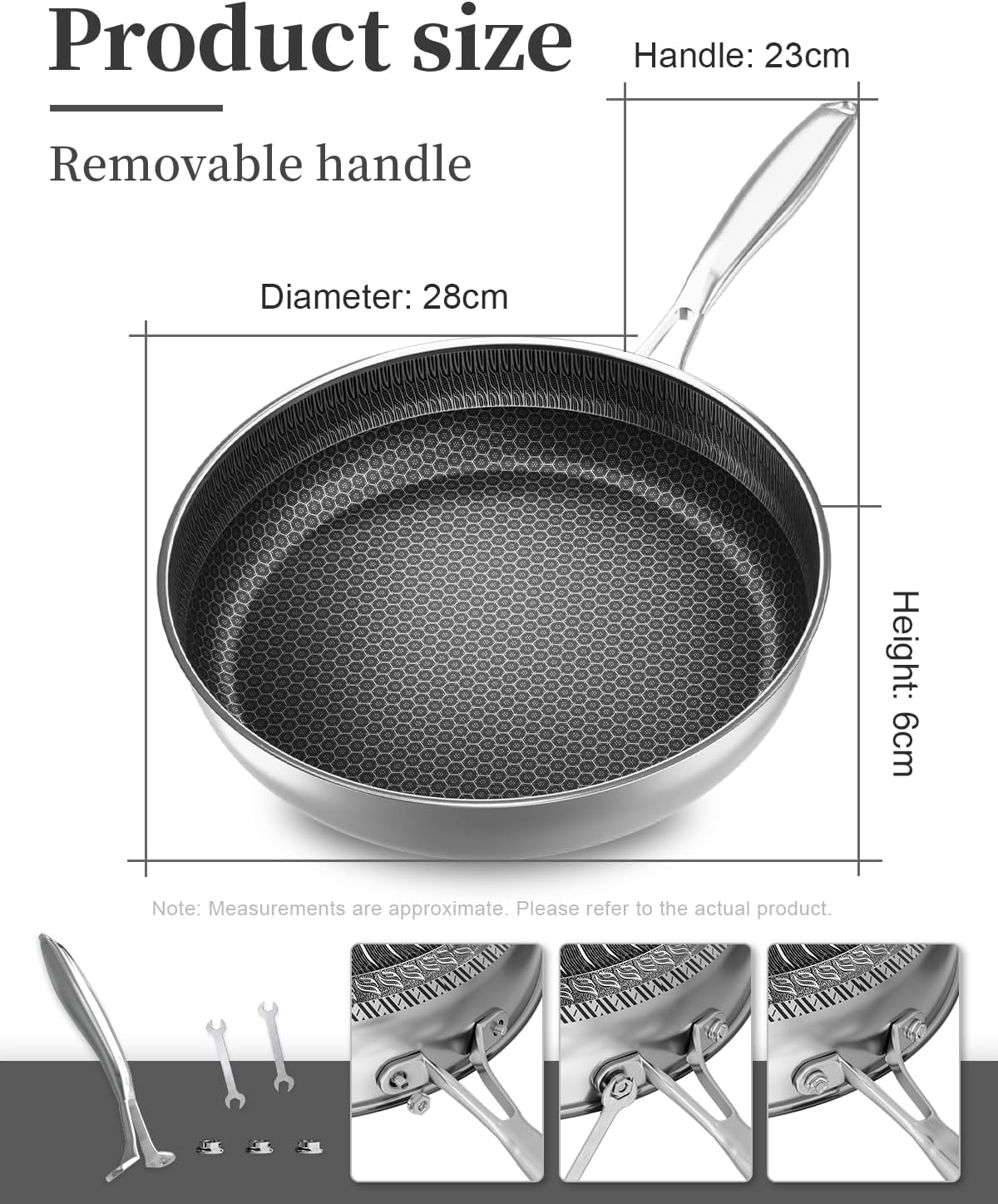 Stainless Steel Frying Pan,28CM Non-Stick Coating – Removable Handle, Induction Compatible, Oven & Dishwasher Safe, PTFE/PFOA-Free