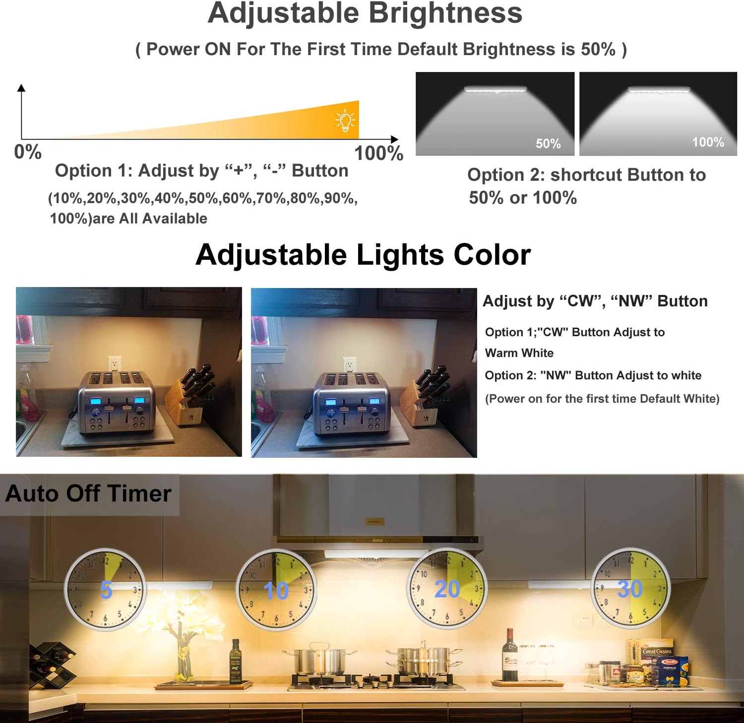LDOPTO Under Cabinet Kitchen Lights with Remote Dimmable LED Cupboard Battery Powered LED Bedroom Lights with Timer for Kitchen Hallway, Multiple Colors 4 Pack