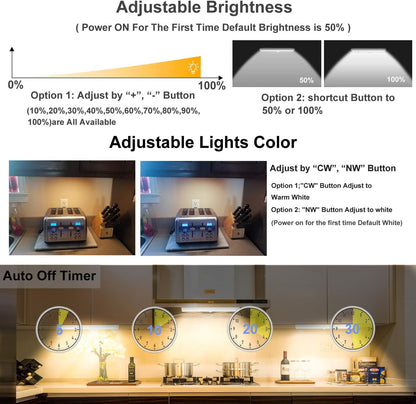 LDOPTO Under Cabinet Kitchen Lights with Remote Dimmable LED Cupboard Battery Powered LED Bedroom Lights with Timer for Kitchen Hallway, Multiple Colors 4 Pack
