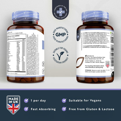Multivitamins & Minerals - 365 Vegan Multivitamin Tablets - 1 Year Supply - Multivitamin Tablets for Men and Women with 26 Essential Active Vitamins & Minerals - Made in The UK by Nutravita