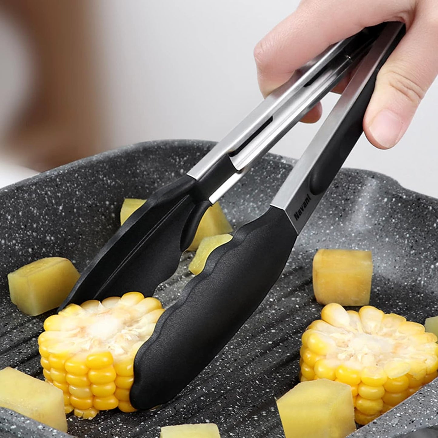 Navani Kitchen Tongs | 9 & 12 Inch Silicone Tip Tongs | Non Stick for Air Fryer & Salad/Pasta, Black 2pcs