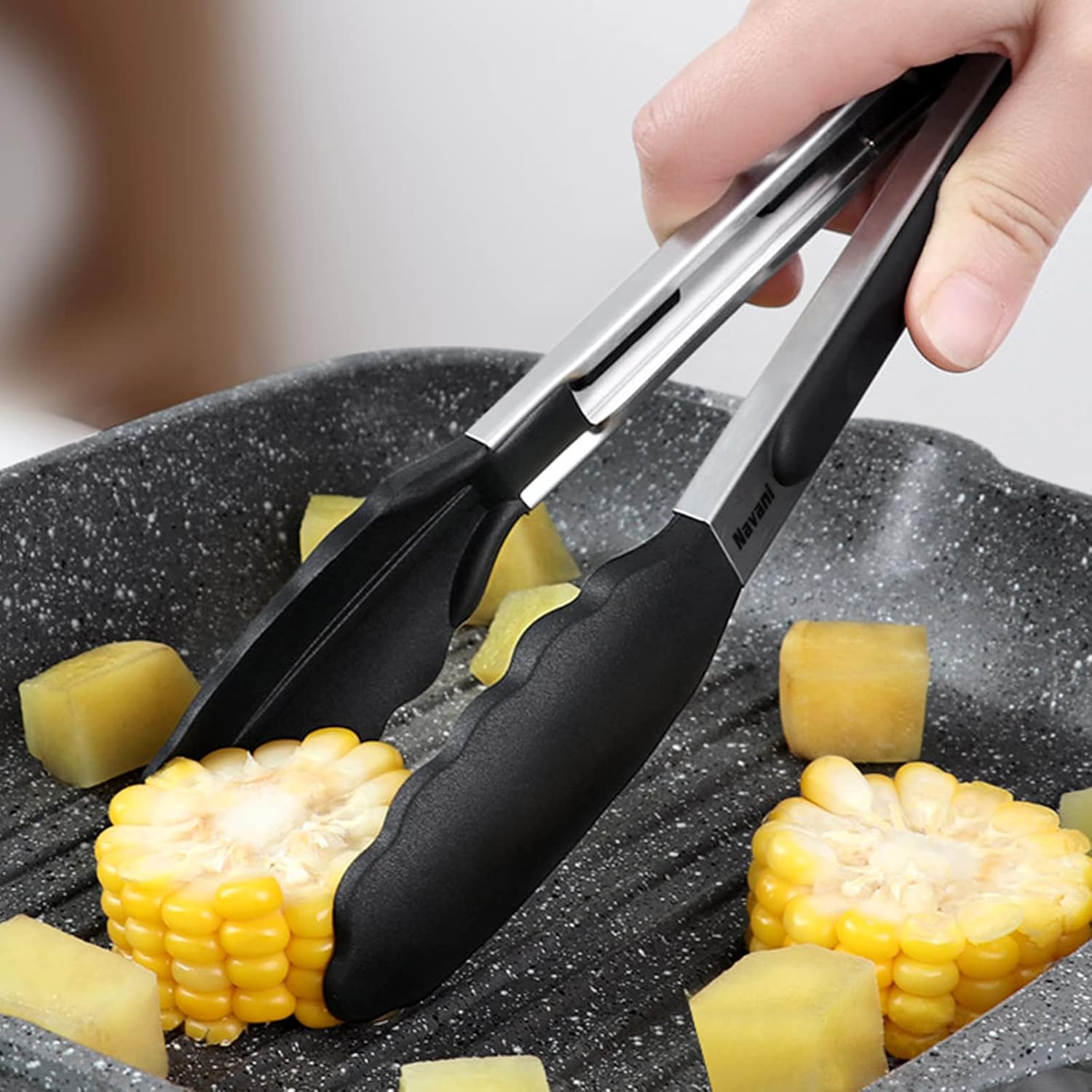 Navani Kitchen Tongs | 9 & 12 Inch Silicone Tip Tongs | Non Stick for Air Fryer & Salad/Pasta, Black 2pcs