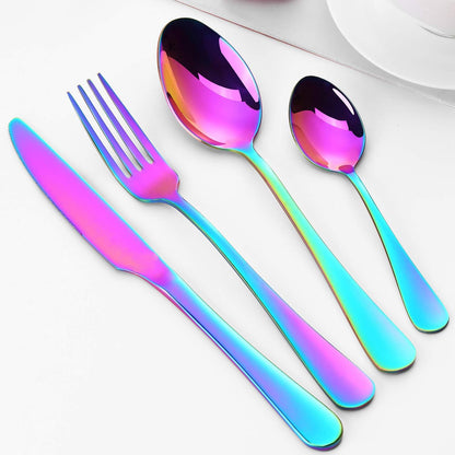 Cutlery Set, BEWOS 16-Piece Stainless Steel Flatware Set, Tableware Silverware Set with Rainbow Spoon Knife and Fork Set, Service for 4, Dishwasher Safe/Easy Clean, Mirror Polished