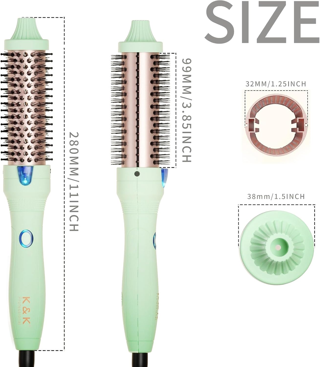 K&K Curling Iron with Tourmaline Ceramic Barrel, 32 mm Heated Round Brush, Professional 1.25 Inch Hair Curler up to 180°C Dual Voltage for Traveling, Hair Waving Style Tool, Ionic Thermal Brush