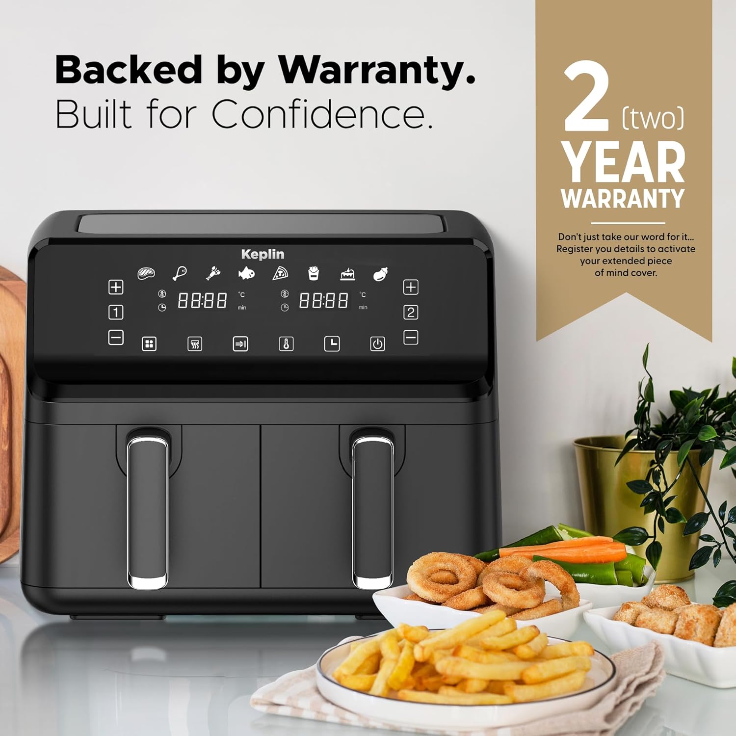 Keplin 9L Dual Zone Air Fryer - 2700W Energy-Saving Cooker with 6 Cooking Functions - Extra-Large Capacity for Healthy Meals - Roast, Bake, Dehydrate, Crisp - Family Size (9L)