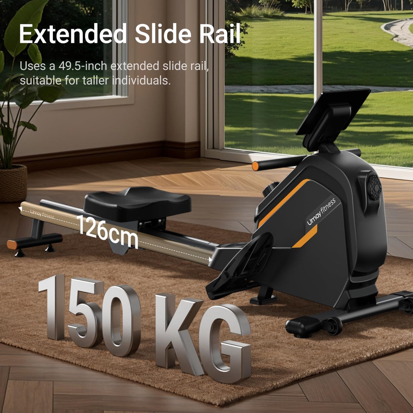 UMAY Rowing Machine, Rowing Machines for Home Gym with Extended Double Rails, Rower Machine with 16 Levels of Quiet Resistance, 158 kg Weight Capacity