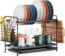 iSPECLE 2 Tier Dish Drainer Rack - Small Dish Drying Rack with Drip Tray, Space-Saving Draining Board Rack with Utensil Cutting & Board Holder for Kitchen Worktop, Black