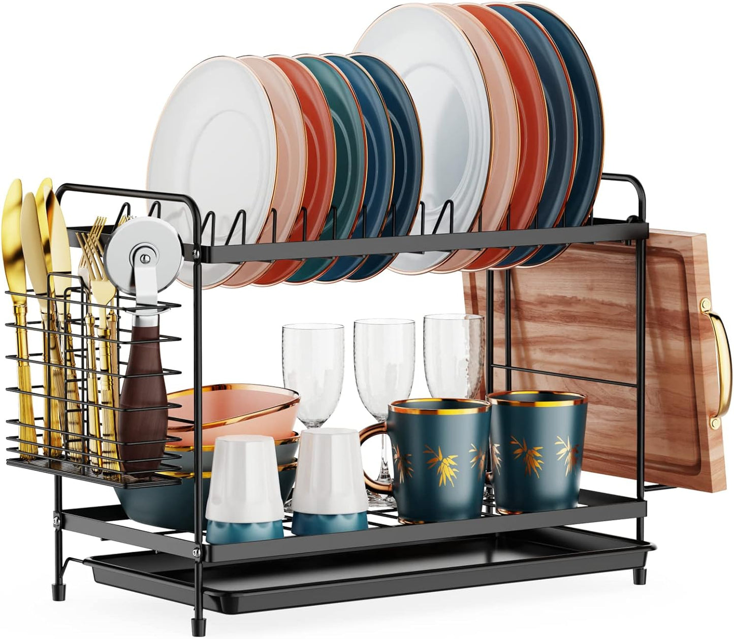 iSPECLE 2 Tier Dish Drainer Rack - Small Dish Drying Rack with Drip Tray, Space-Saving Draining Board Rack with Utensil Cutting & Board Holder for Kitchen Worktop, Black