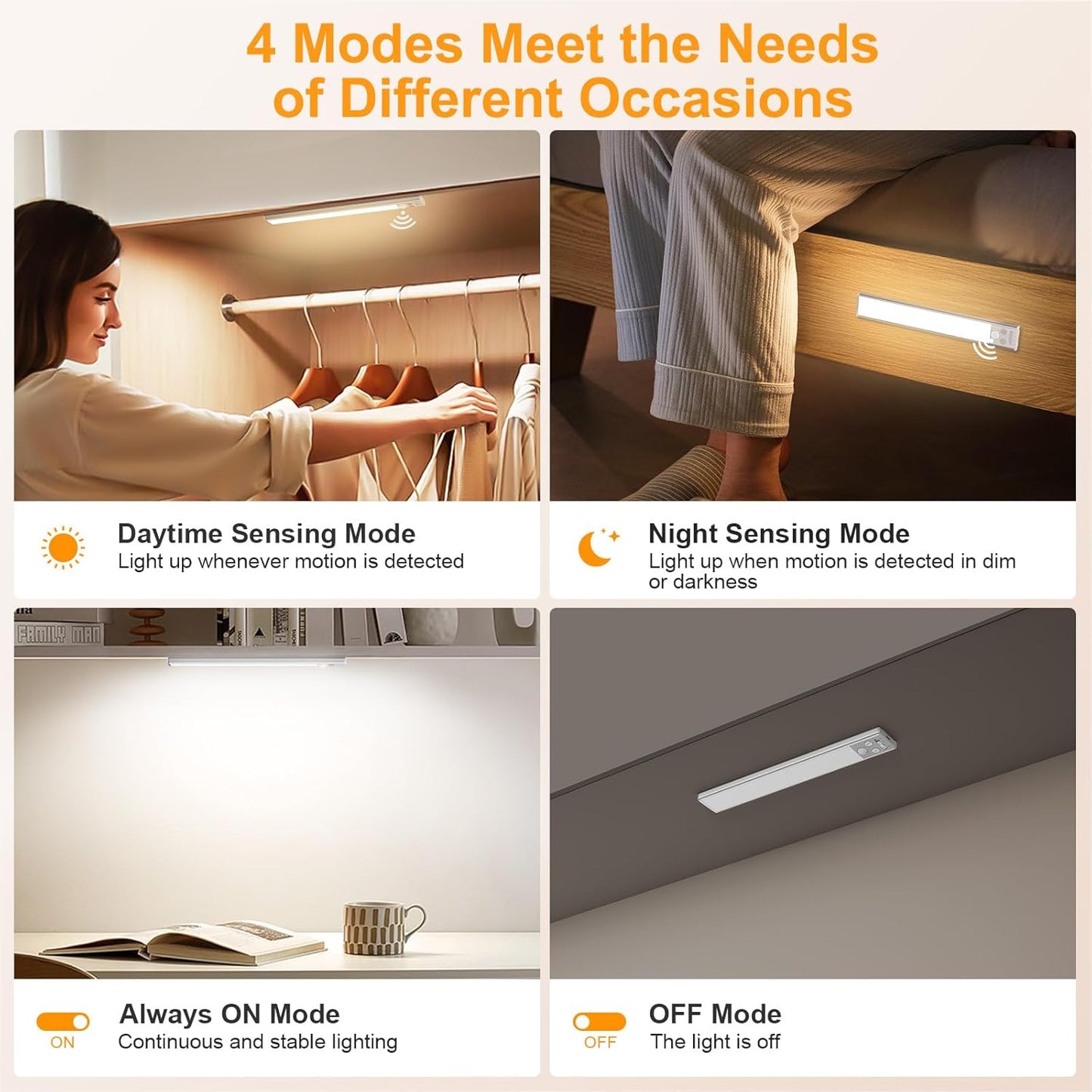 Gritin Under Cabinet Kitchen Lights-84 LED Super Bright,3-Color&5-Brightness,4 Modes,Motion Sensor,Rechargeable 1800mAh Long Lasting-Easy Installation Strong Magnetic Under Closet Light-2 Pack