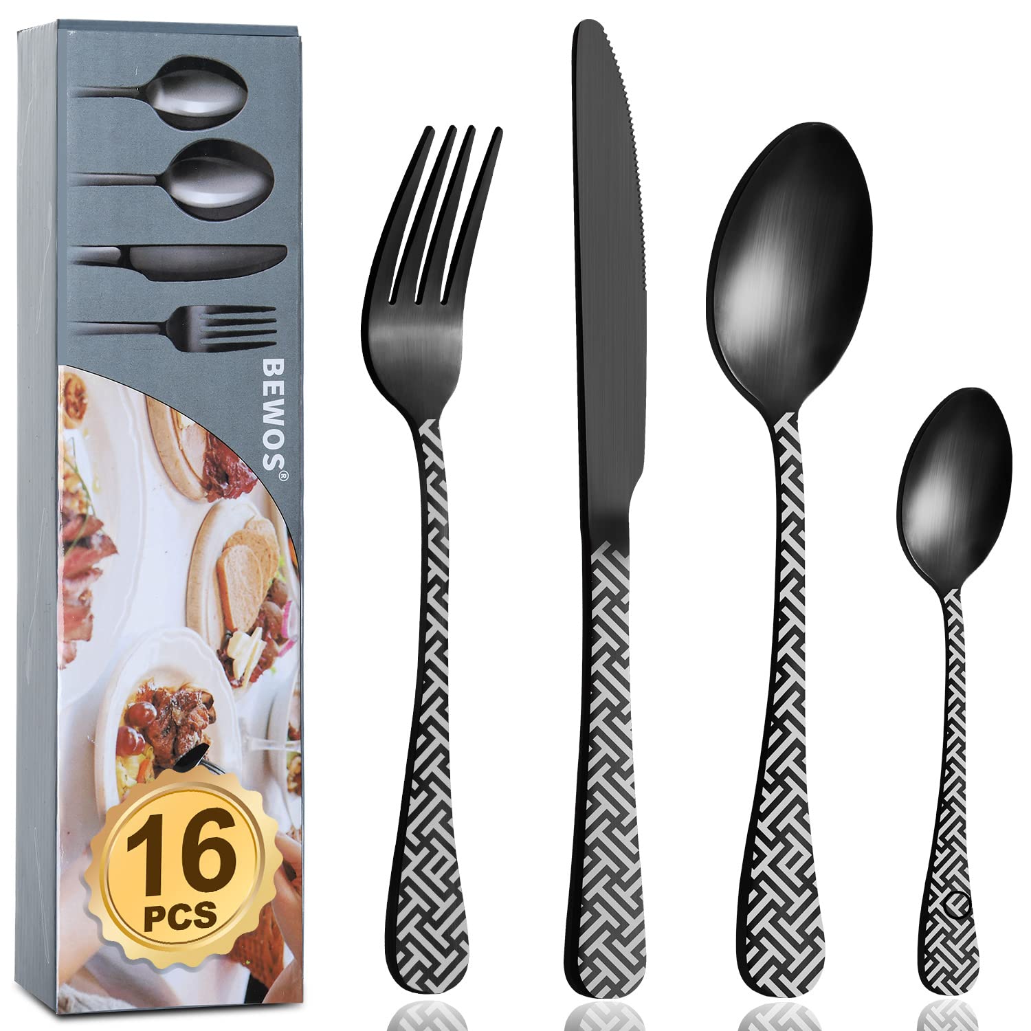 Cutlery Set, BEWOS 16-Piece Stainless Steel Flatware Set, Tableware Silverware Set with Rainbow Spoon Knife and Fork Set, Service for 4, Dishwasher Safe/Easy Clean, Mirror Polished