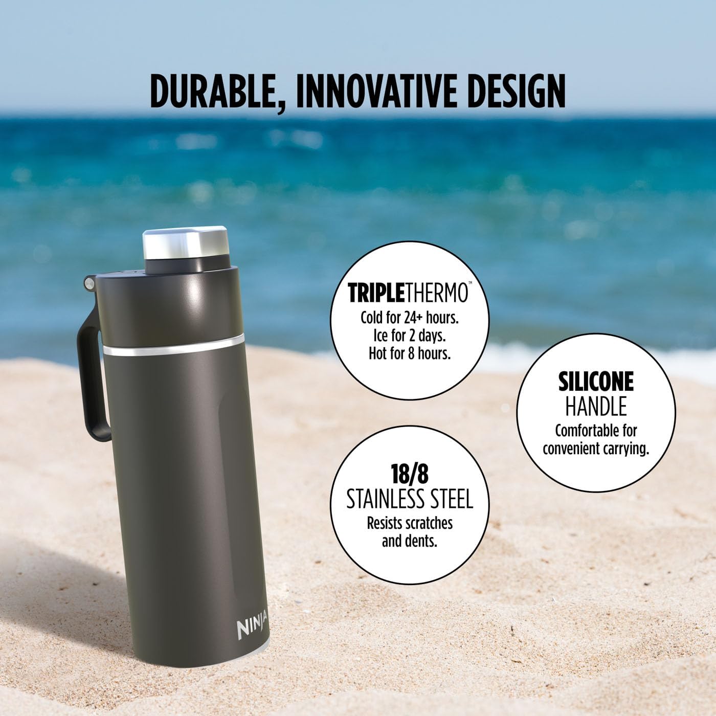 Ninja Thirsti Water Bottle and Flask 709 ML With Leak-Proof Lid, Designed For Carbonated, Hot & Cold Drinks, Ideal For Travel & Sports, Triple Insulated, Stainless Steel Bottle, Black, DW2401EUUKBK