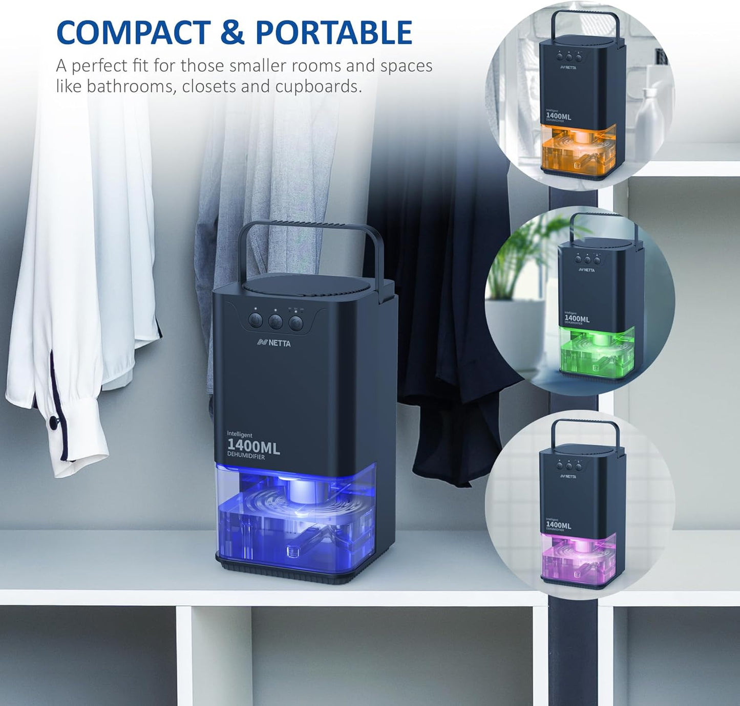 NETTA Dehumidifiers for Home Damp 1400ml Dehumidifier with Ultra Quiet & Auto Shut off 3 Colorful LED, 24Hr Timer Portable Mini Dehumidifier for Wardrobe Bathroom Closet - Black