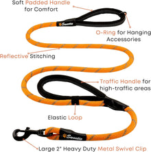 Rope Dog Lead - Innovative Design with Two Padded Handles - Reflective Stitching & O-Ring - 5 FT Long Leash for Medium & Large Sized Pets - Weather Resistant & Strong Material. Orange