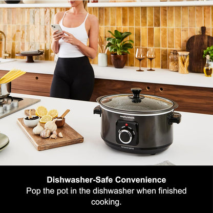 Morphy Richards 3.5L Sear & Stew Slow Cooker, Shatter Resistant Aluminium Pot, 3 Heat Settings, Hob Proof, Easy Clean, 163W, Black, 460012