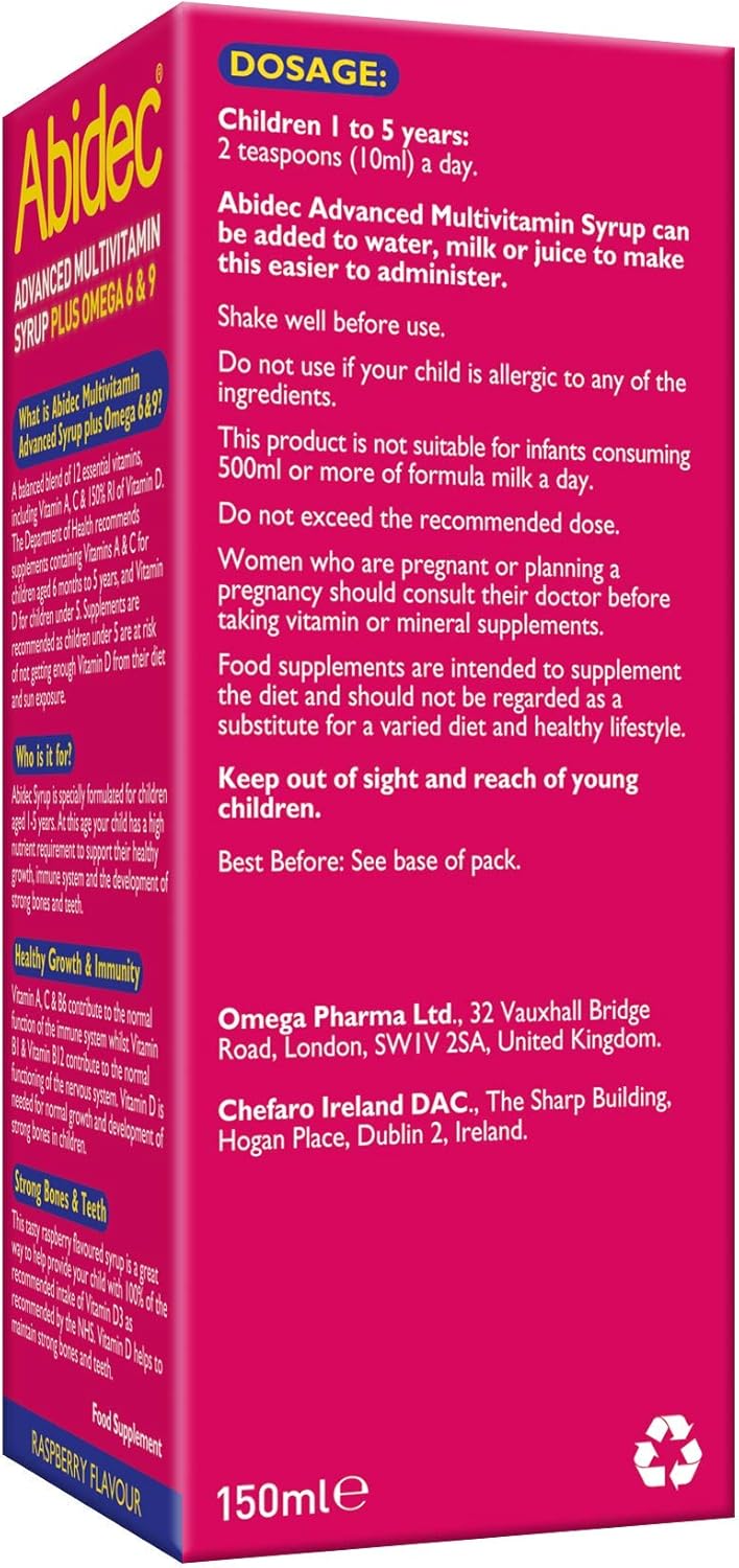 Abidec Kid Multivitamin Syrup – has Vitamin D for Normal Growth and Development of Bones in Children - Blend of 12 Essential Vitamins – Contains Omega 6 & 9 - Suitable for Kids Aged 1-5 - 150ml