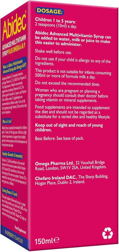 Abidec Kid Multivitamin Syrup – has Vitamin D for Normal Growth and Development of Bones in Children - Blend of 12 Essential Vitamins – Contains Omega 6 & 9 - Suitable for Kids Aged 1-5 - 150ml