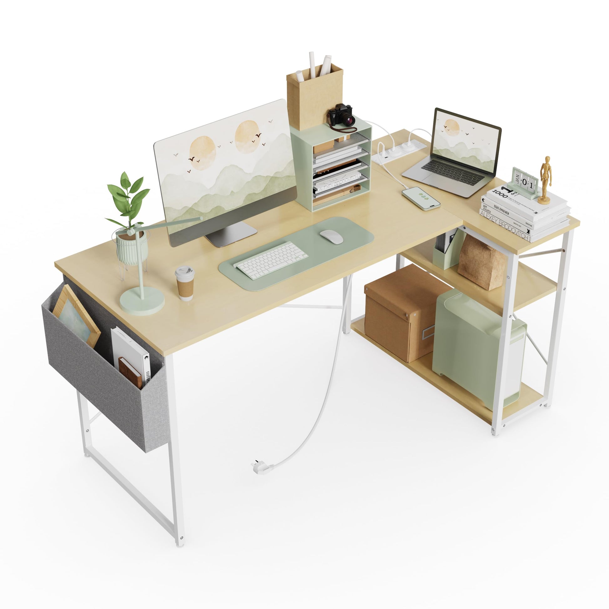BEXEVUE L Shaped Gaming Desk with Power Outlets, 100x70 cm Computer Desk with Storage Bag, Office Desk Small Writing Table with Large Reversible Storage Shelves, Workstation Study Home Office, Black