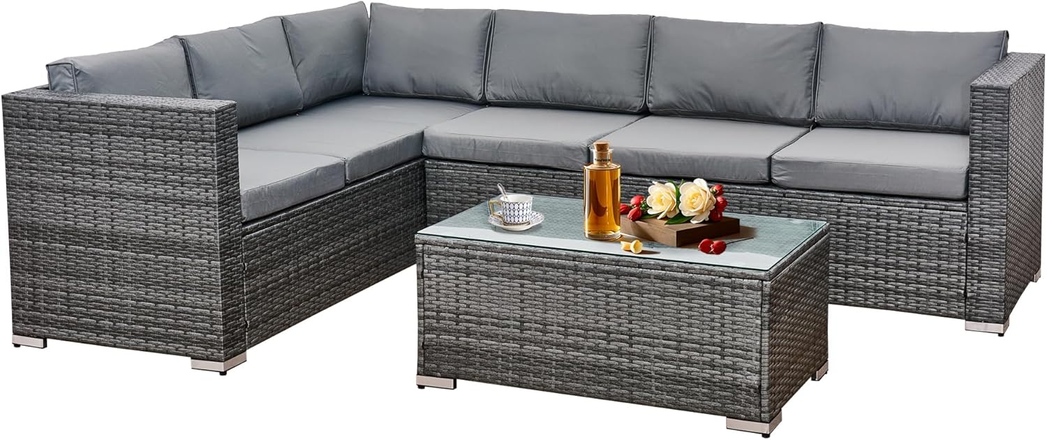 Aweather 6 Seater Rattan Corner Sofa Set Rattan Garden Furniture Set All-Weather PE Rattan Wicker Patio Conversation Set with Modern Glass Coffee Table and Washable Cushions (Gray)