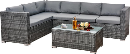 Aweather 6 Seater Rattan Corner Sofa Set Rattan Garden Furniture Set All-Weather PE Rattan Wicker Patio Conversation Set with Modern Glass Coffee Table and Washable Cushions (Gray)