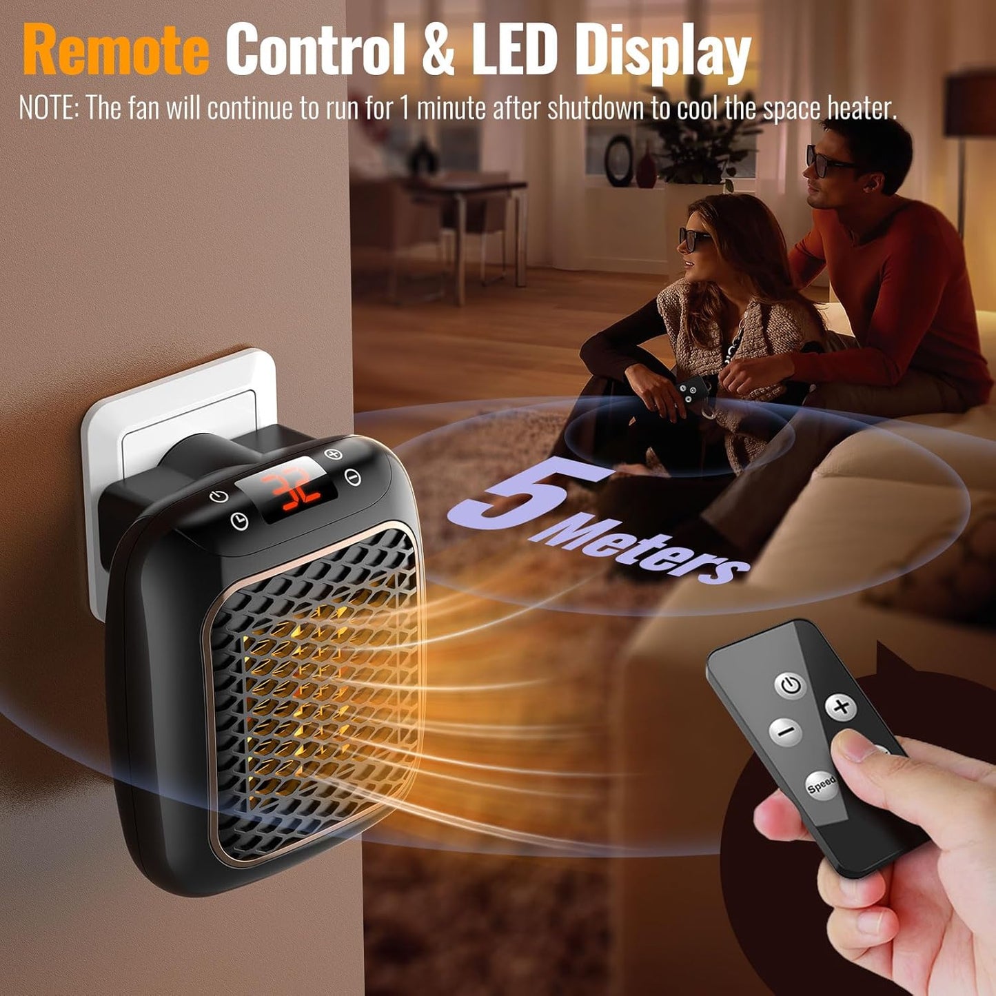 Plug in Heater, 1200W Fan Heaters for Home 2 Mode PTC Ceramic Heaters 1-12H Timer Overheating Protection w Remote Control Electric Heater Energy Efficient BS Plug for Bedroom Office Kitchen Bathroom