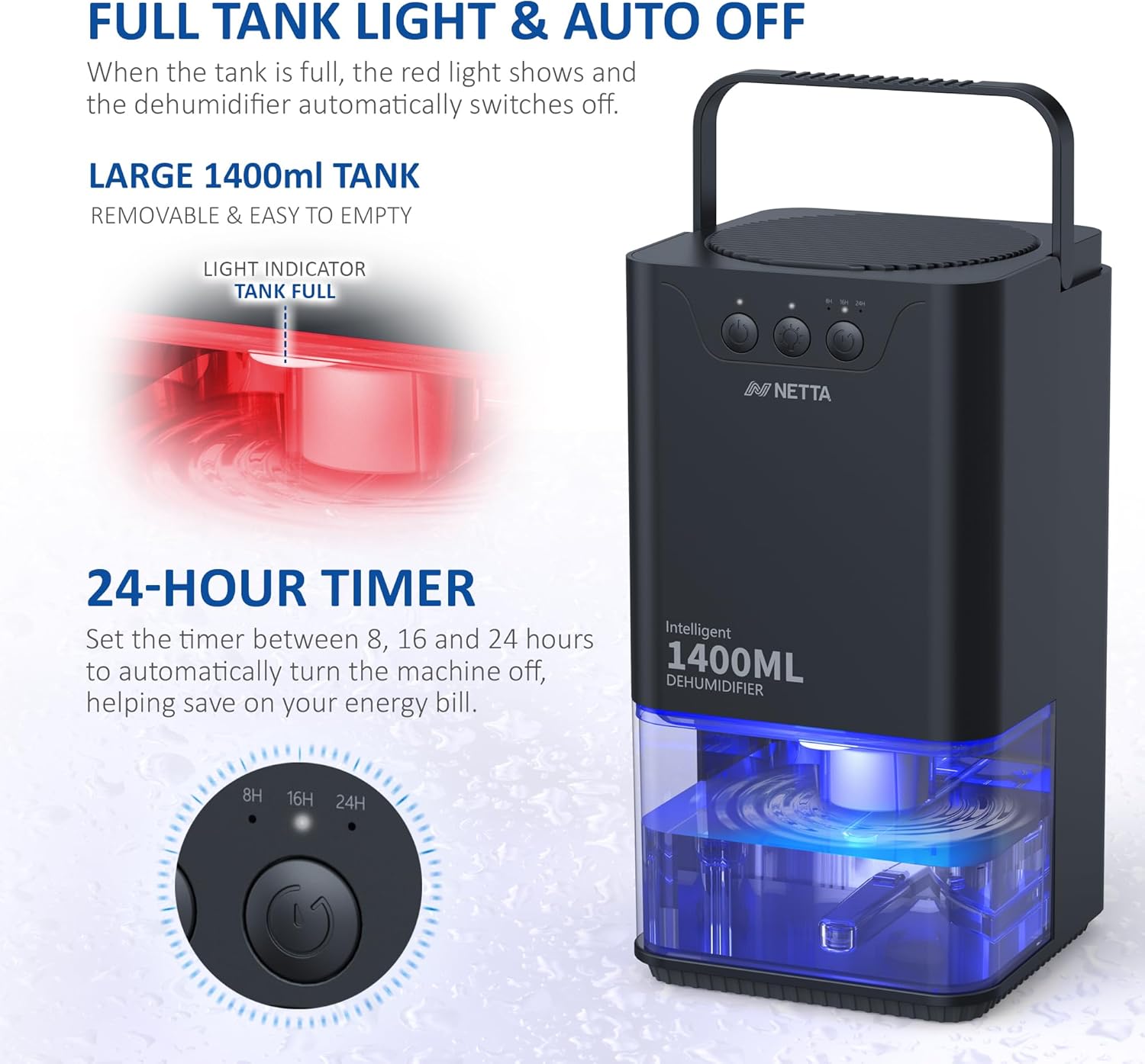 NETTA Dehumidifiers for Home Damp 1400ml Dehumidifier with Ultra Quiet & Auto Shut off 3 Colorful LED, 24Hr Timer Portable Mini Dehumidifier for Wardrobe Bathroom Closet - Black