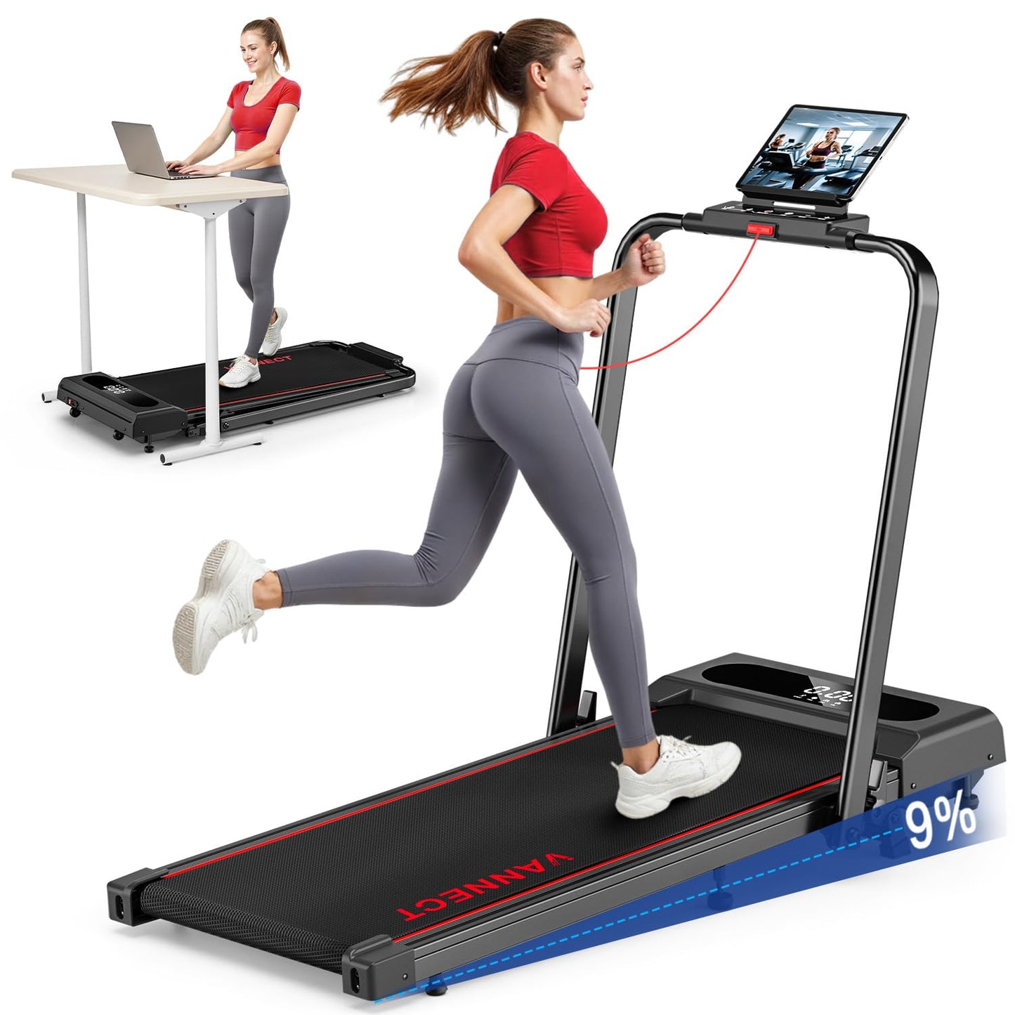 6 in 1 Folding Treadmill with 12KM/H, 9% Incline Walking Pad Foldable with APP, 2.75HP Under Desk Treadmills for Home Office, Running Machine Portable with Magnetic Remote Control, 350LBS Weight