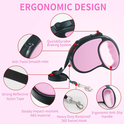 Retractable Dog Lead, ANCOOLE 5M/16FT Extendable Dog Lead 360°Tangle-Free Smooth&Durable Nylon Tape with Anti-Slip Handle, One-Handed Brake for Small Medium Dogs (Pink)