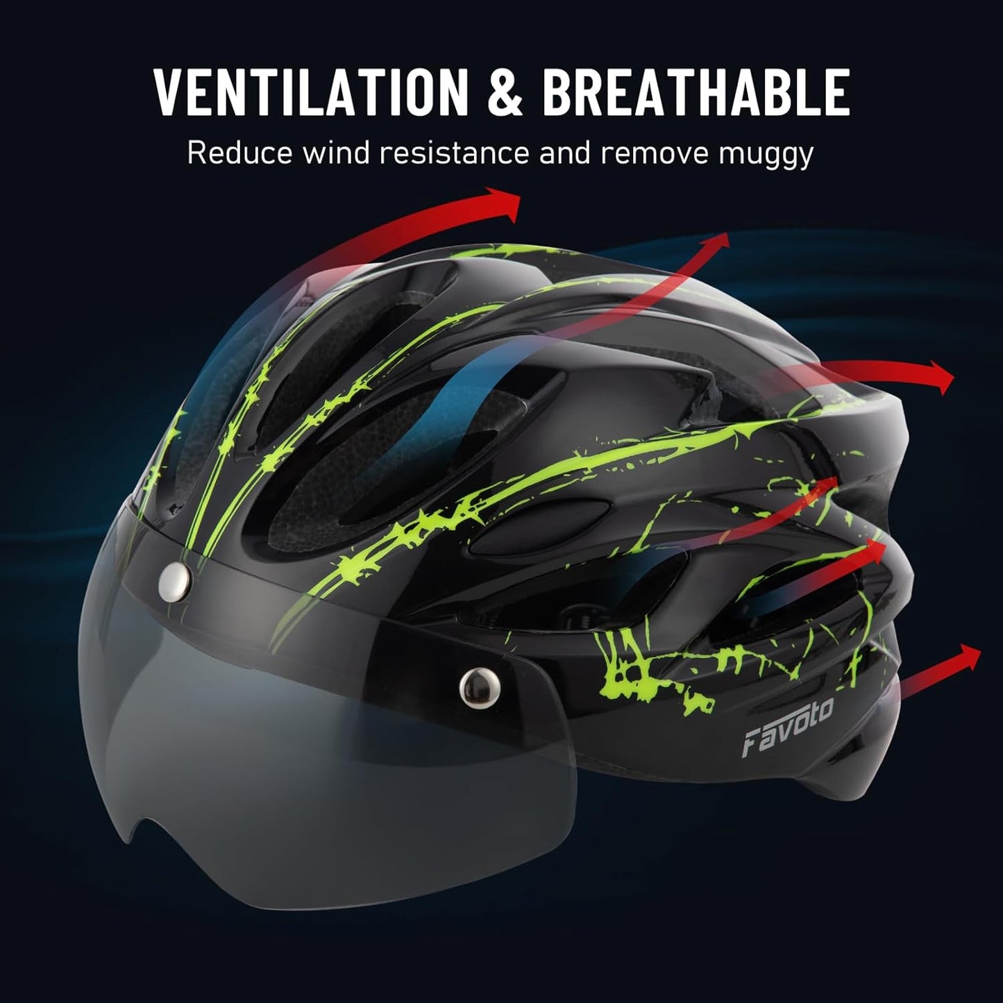 Favoto Bike Helmet with Light for Men & Women, Lightweight Bicycle Helmet with Magnetic Goggle, Rear LED Light, Removable Lining, Adjustable Size 59-61 cm, EPS In-Mould Technology