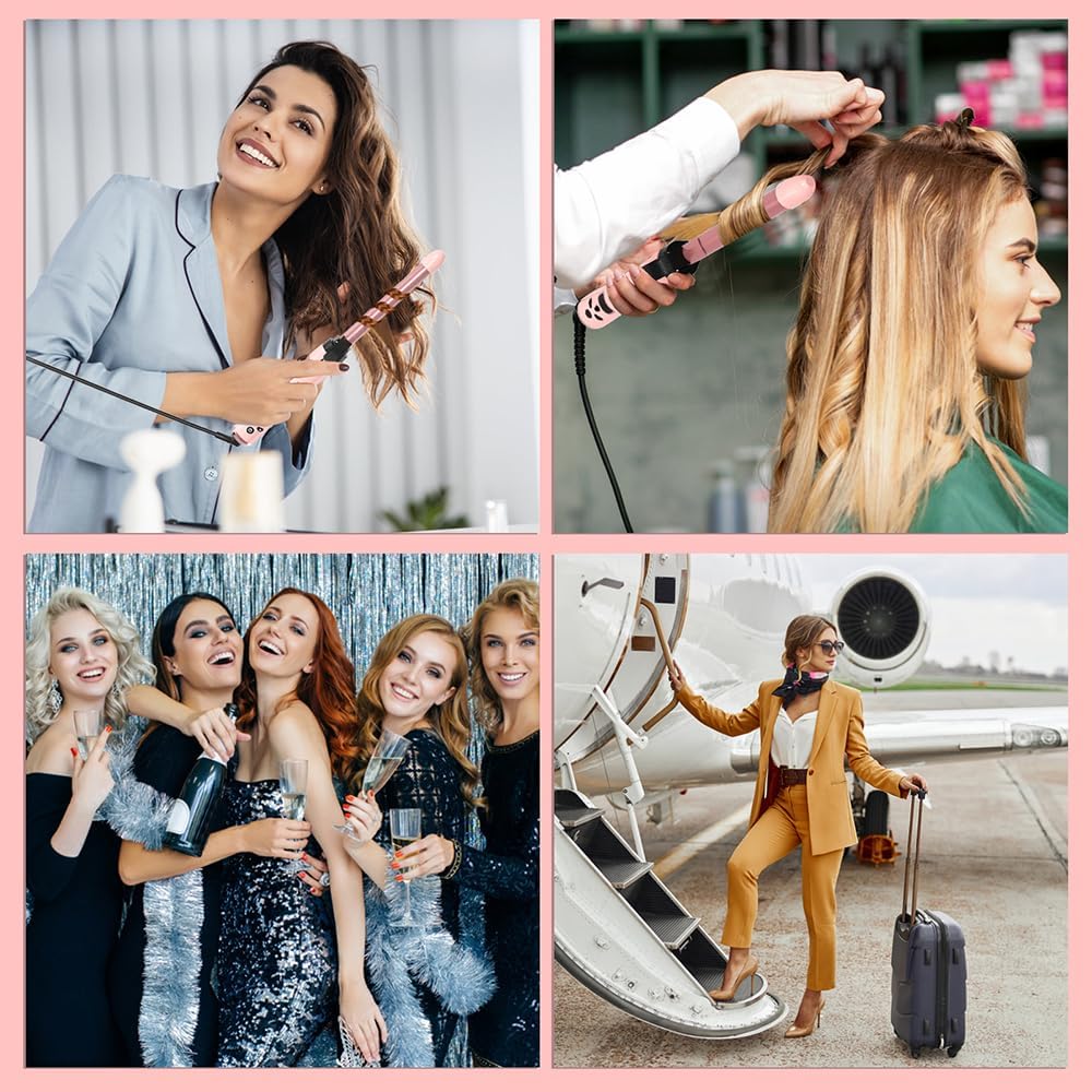 Bestauty Automatic Hair Curler, 4 in 1 Hair Curler with 19-32mm Interchangeable Ceramic Curling Tongs, 360° Rotating 160-220° C Curling Iron, Dual Voltage(Pink)