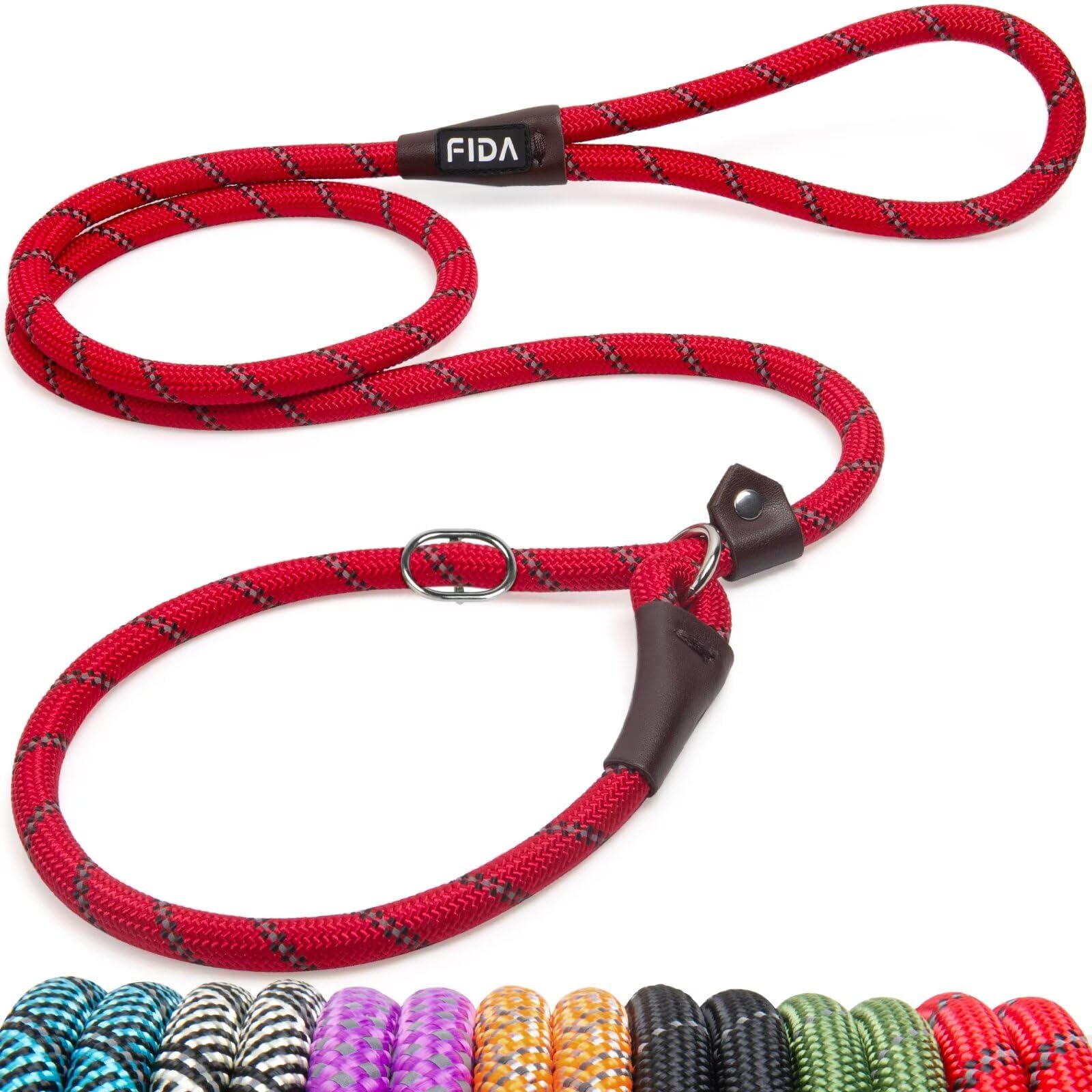 Fida Slip Rope Dog Lead | 1.8m, One-Size-Fits-All, Slip-On Rope Leash. Easy to Slip On, No Collar or Harness Needed. Durable & Weather Resistant Climbers Rope with Reflective Stitching (Green)