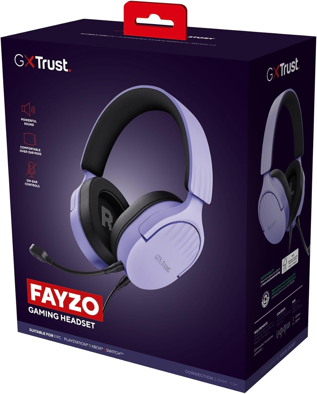 Trust Gaming GXT 489 Fayzo Gaming Headset for PC, PS5, PS4, Xbox Series X|S, Switch, Mobile, 3.5 mm Jack, 35% Recycled Plastics, Over-Ear Wired Headphones with Noise Cancelling Microphone - Purple