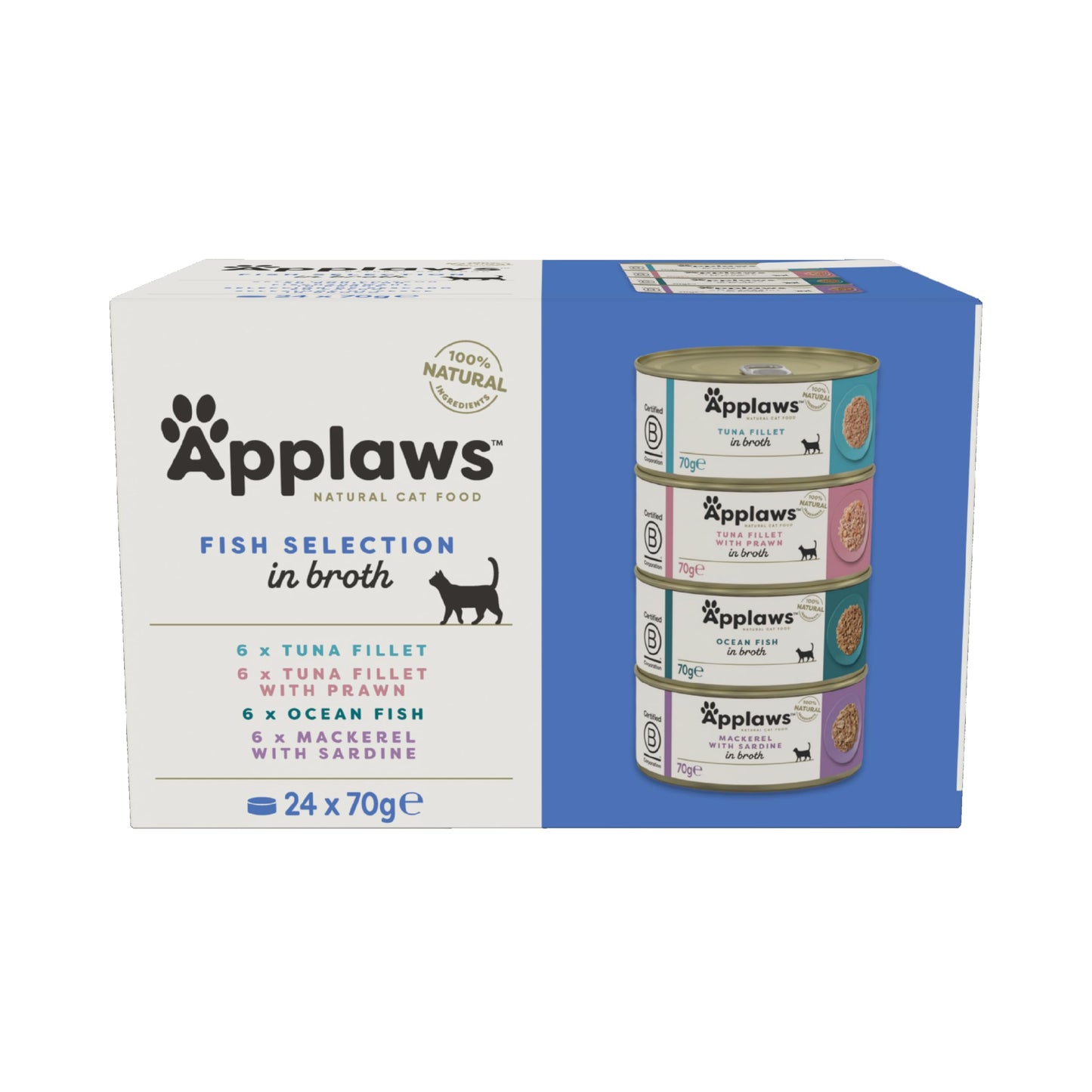 Applaws Natural Wet Cat Food, Multipack Chicken and Fish Selection in Broth 70 g Tin (Pack of 12)