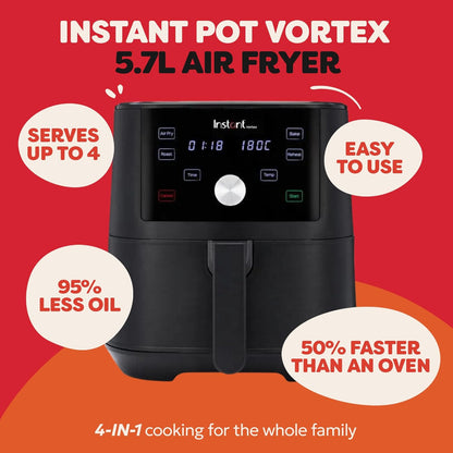 Instant Vortex Digital Single Drawer Air Fryer with Easy to Use 4 Smart Programmes - Air Fry, Bake, Roast and Reheat Capacity, Non-Stick and Dishwasher Safe Basket, Black - 5.7 Litre, 1700W
