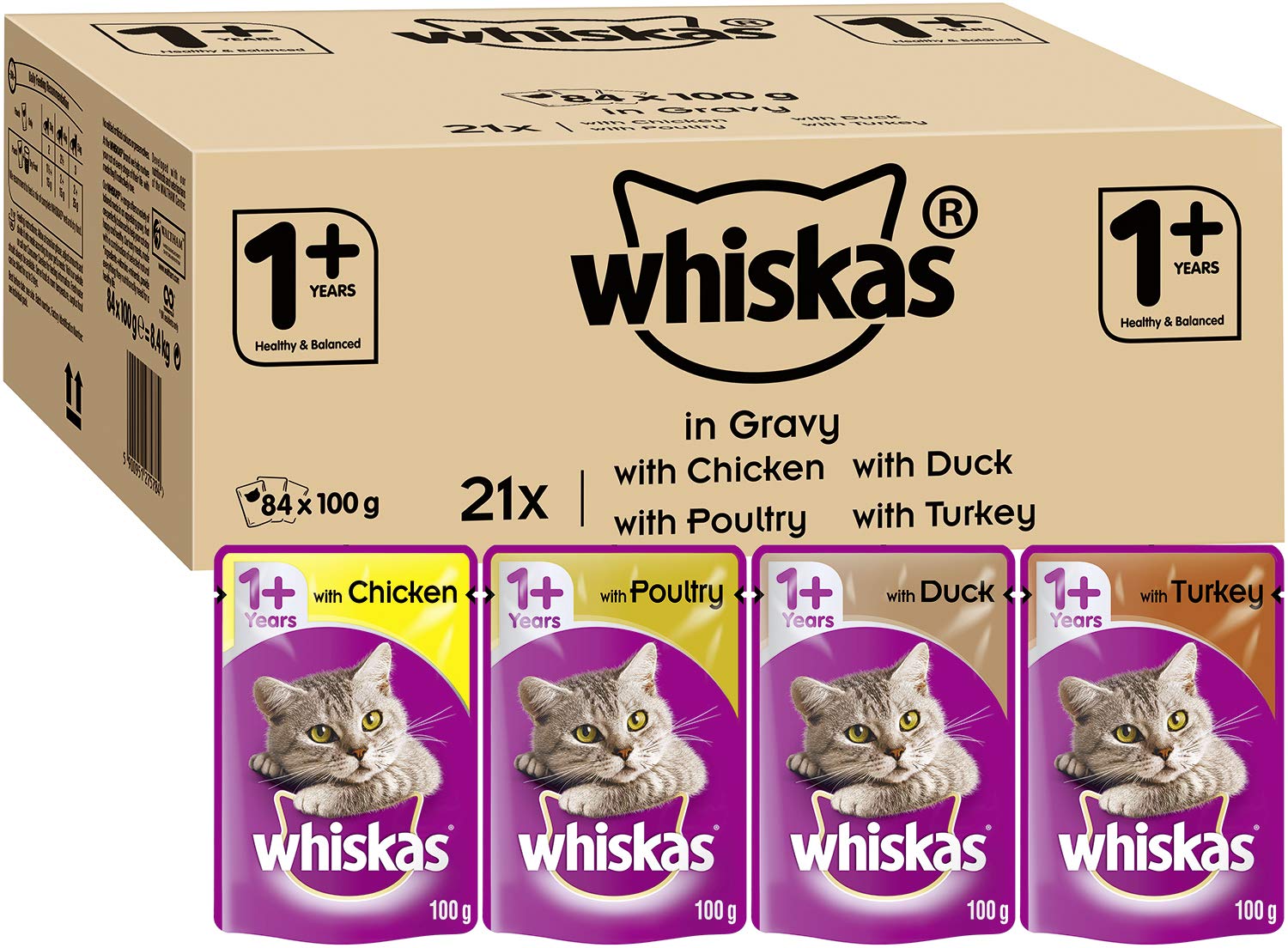 whiskas 1 plus Adult Mixed Selection in Jelly 84 Pouches, Adult Wet Cat Food, Megapack (84 x 85 g)