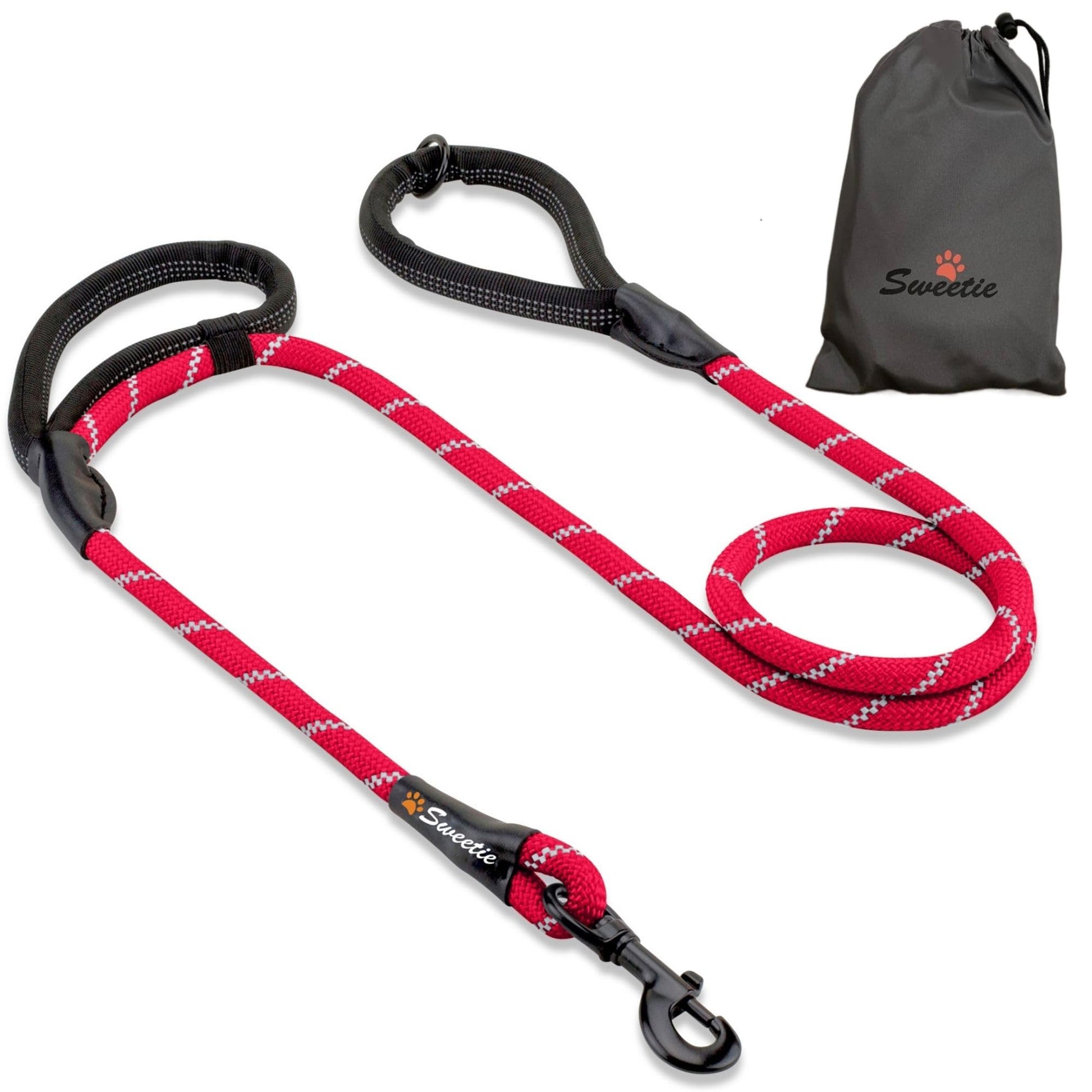 Rope Dog Lead - Innovative Design with Two Padded Handles - Reflective Stitching & O-Ring - 5 FT Long Leash for Medium & Large Sized Pets - Weather Resistant & Strong Material. Orange
