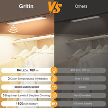 Gritin Under Cabinet Kitchen Lights-84 LED Super Bright,3-Color&5-Brightness,4 Modes,Motion Sensor,Rechargeable 1800mAh Long Lasting-Easy Installation Strong Magnetic Under Closet Light-2 Pack