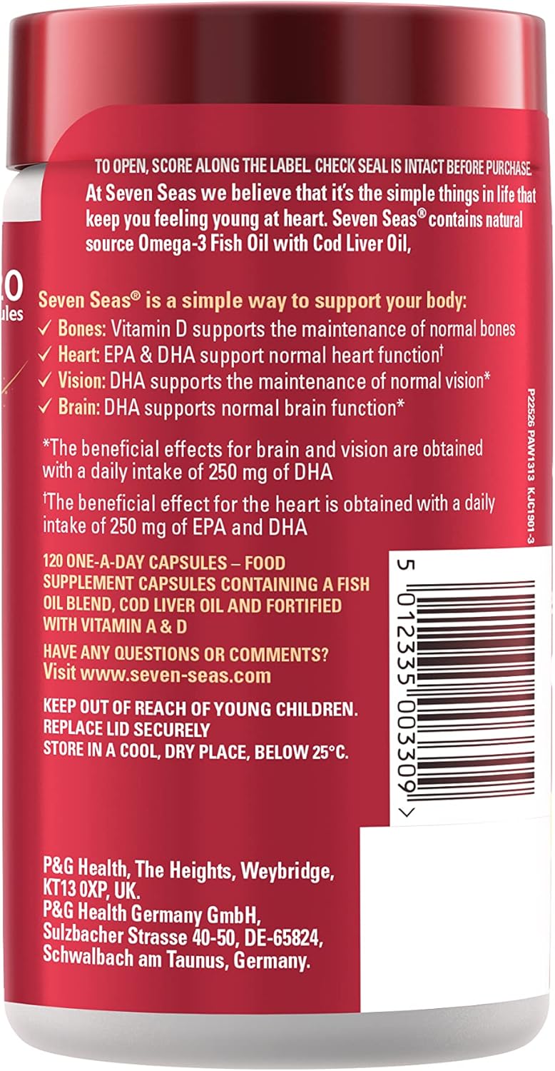 Seven Seas Cod Liver Oil Tablets With Omega-3, Fish Oil, One A Day, 4 Months Supply (120 Capsules), EPA & DHA, With High Strength Vitamin D & A