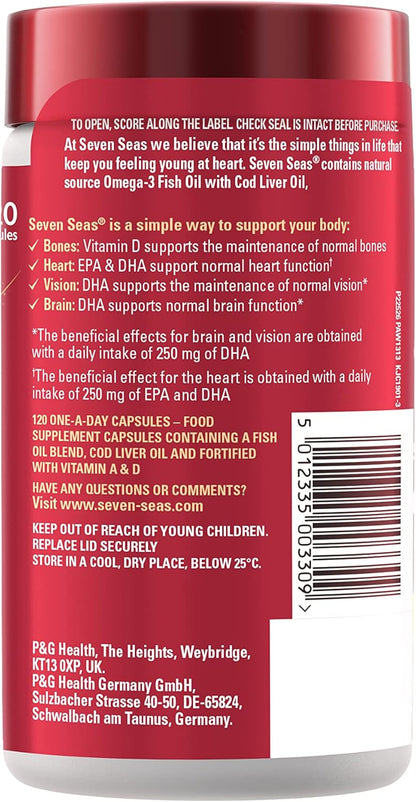 Seven Seas Cod Liver Oil Tablets With Omega-3, Fish Oil, One A Day, 4 Months Supply (120 Capsules), EPA & DHA, With High Strength Vitamin D & A