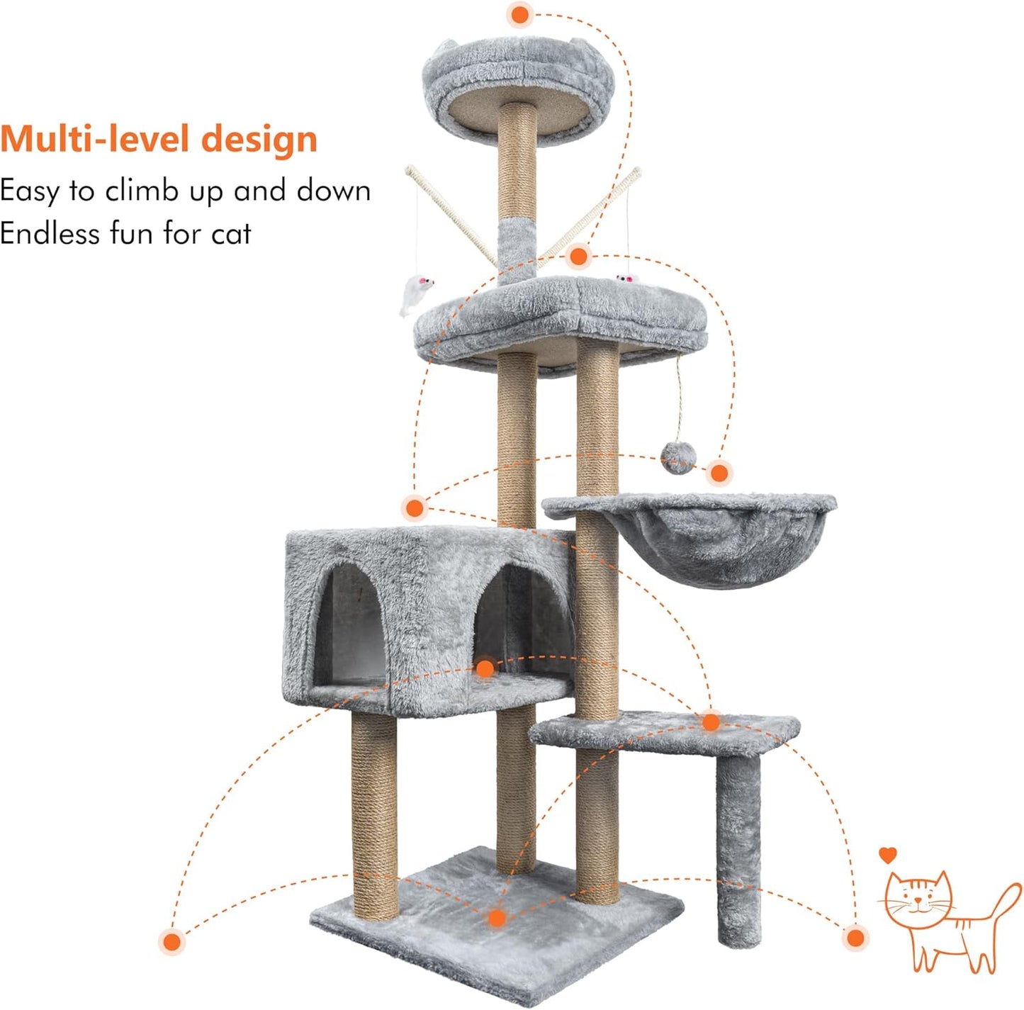 Cat Tree, 145cm Stable Cat Scratching Post for Indoor Cats, Multi-Level Cat Climbing Tower With Posts Fully Wrapped in Natural Sisal Rope, Suitable for Kitty Kitten