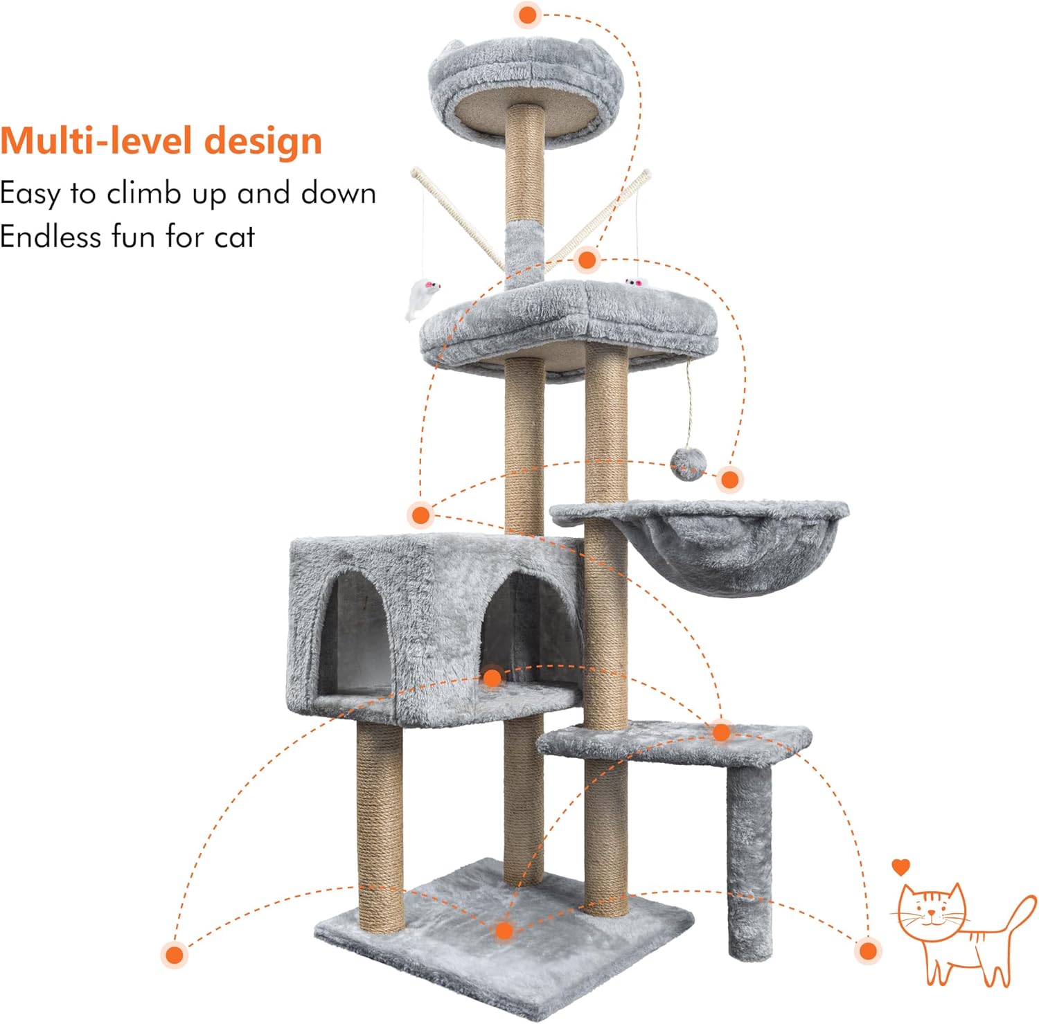 Cat Tree, 145cm Stable Cat Scratching Post for Indoor Cats, Multi-Level Cat Climbing Tower With Posts Fully Wrapped in Natural Sisal Rope, Suitable for Kitty Kitten