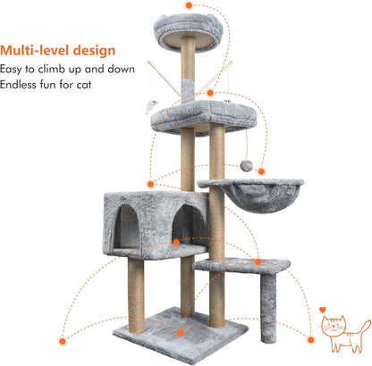 Cat Tree, 145cm Stable Cat Scratching Post for Indoor Cats, Multi-Level Cat Climbing Tower With Posts Fully Wrapped in Natural Sisal Rope, Suitable for Kitty Kitten