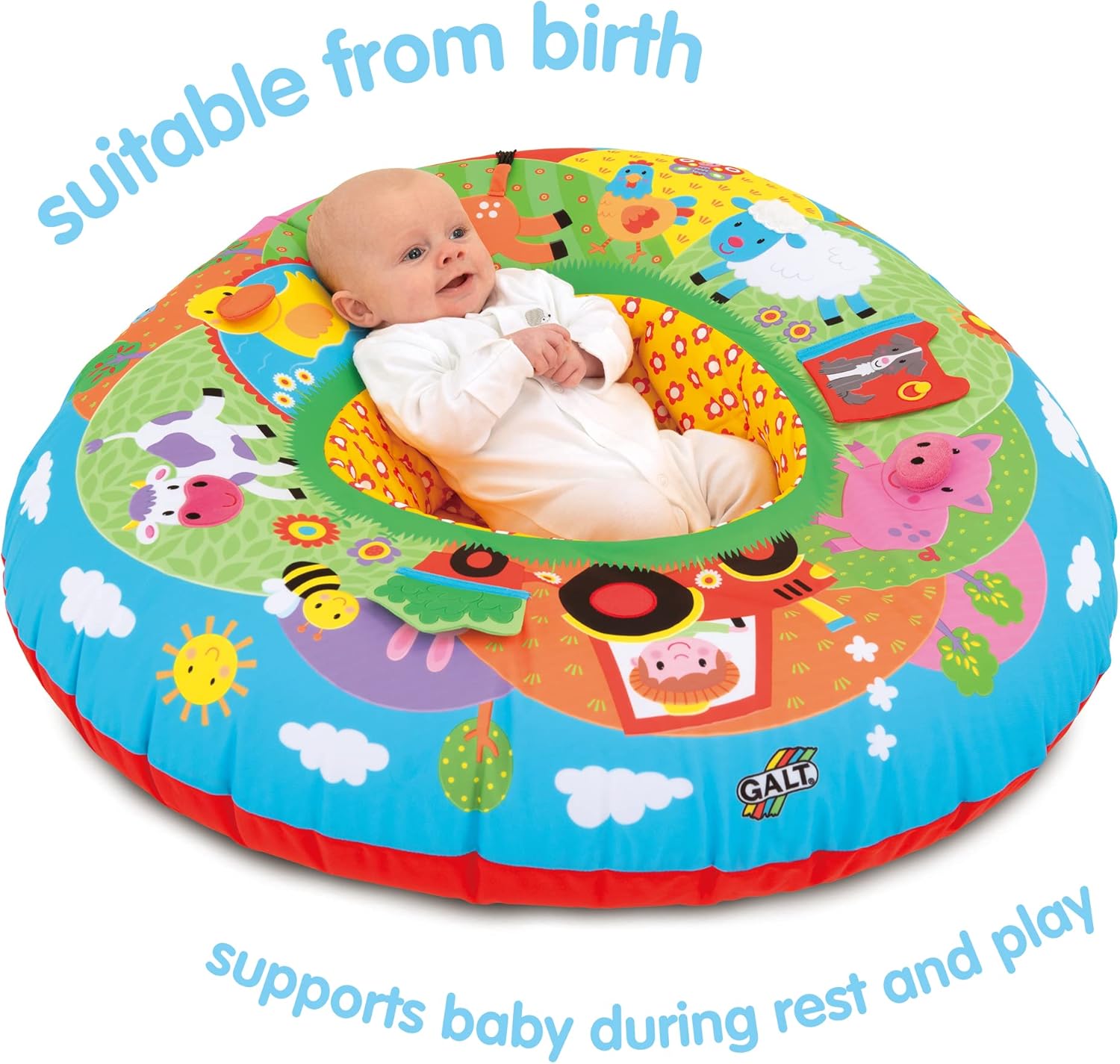Galt Playnest, Farm - Baby Sit Me Up with Inflatable Ring, Head & Neck Support, 8 Sensory Activities, 90cm Diameter & Machine Washable Cover - Easy Travel, Suitable from Birth - Ages 0 Months Plus