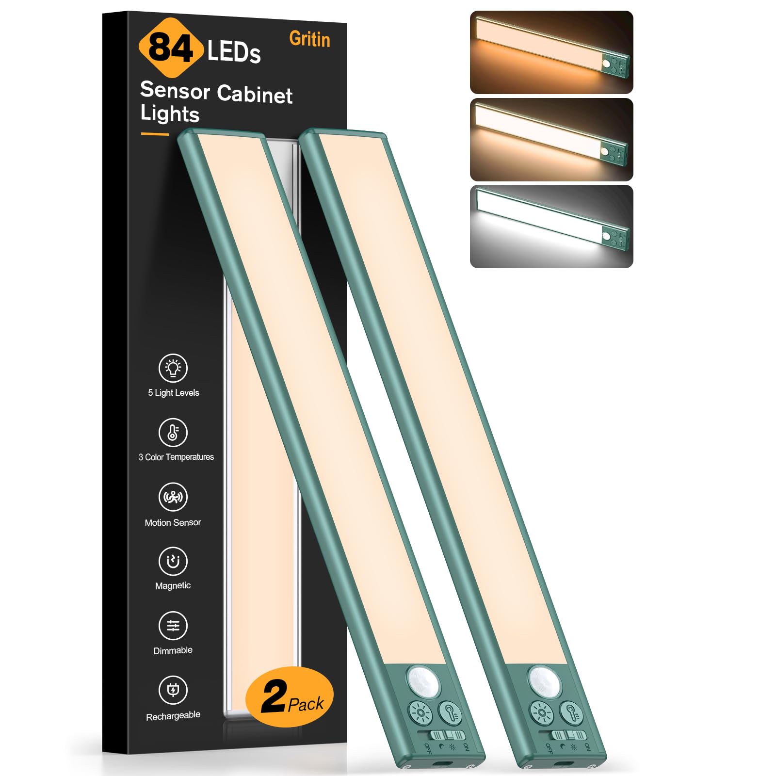 Gritin Under Cabinet Kitchen Lights-84 LED Super Bright,3-Color&5-Brightness,4 Modes,Motion Sensor,Rechargeable 1800mAh Long Lasting-Easy Installation Strong Magnetic Under Closet Light-2 Pack