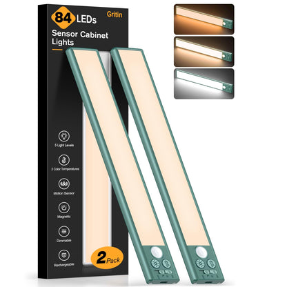 Gritin Under Cabinet Kitchen Lights-84 LED Super Bright,3-Color&5-Brightness,4 Modes,Motion Sensor,Rechargeable 1800mAh Long Lasting-Easy Installation Strong Magnetic Under Closet Light-2 Pack