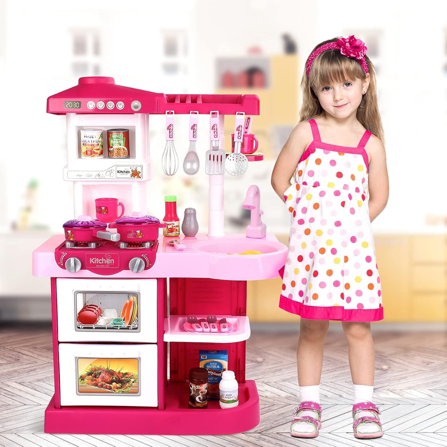 deAO My Little Chef Kitchen Play Set with 30 Accessories for Children, Features Light and Sound for Children (Pink)